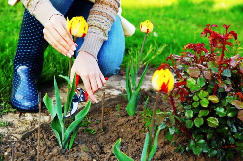 Supervisor reviewing maintenance records in a suburban garden